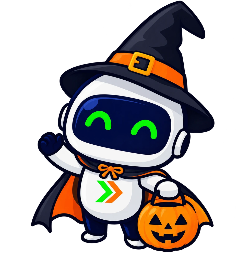Chuby Rocket, el pequeño robot mascota de Rotulate Publicidad, disfrazado de brujita de Halloween con una calabaza